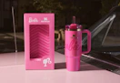 a pink Barbie-themed Stanley on a pink car