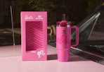 a pink Barbie-themed Stanley on a pink car