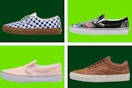 A variety of different Vans shoes on a dark and light green background. 
