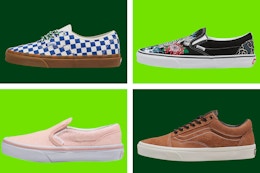 A variety of different Vans shoes on a dark and light green background. 