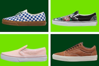 A variety of different Vans shoes on a dark and light green background. 