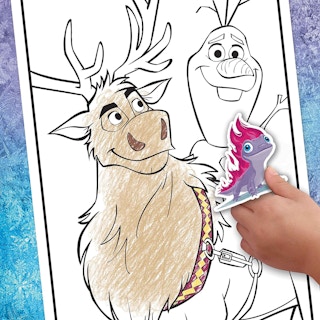 A hand placing a sticker on a coloring book page.