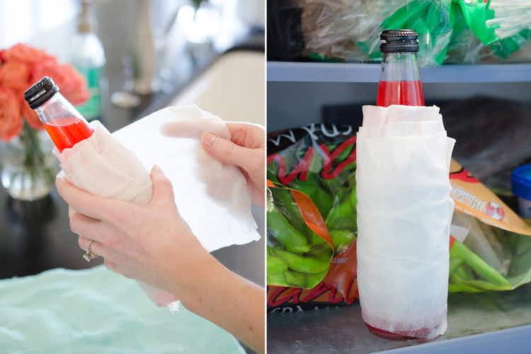 Cool drinks fast by wrapping a towel around a beverage and sticking it in the freezer for 10 minutes.