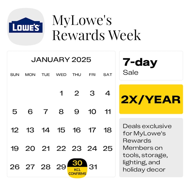 Calendar graphic showing the confirmed start date for the MyLowe's Rewards Week as Thursday, Jan. 30, 2025.