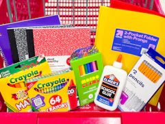 crayola, mondo llama, elmer's, and more school supplies in a target cart