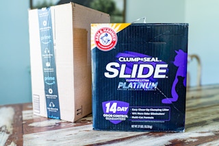 arm & hammer cat litter next to amazon box on wooden table