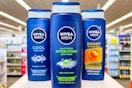 3 bottles of nivea men body wash on a shelf