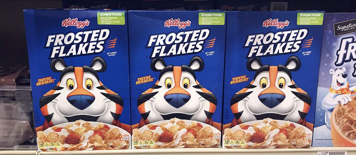 kellogg's frosted flakes cereal on shelf
