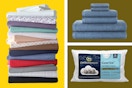 Sheets, towels, and bed pillow on a yellow and olive collage background. 
