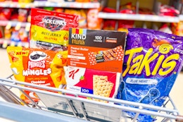 jack link's jerky, kind mini bars, pringles mingles, special k pastry crisps, and takis in a cart