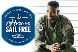 A banner from Margaritaville at Sea advertising the Heroes sail free offer on a graphic next to a man in military dress.