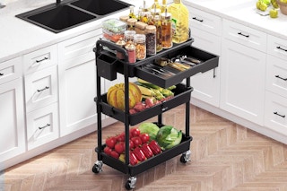a rolling cart in a kitchen