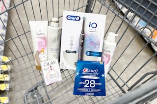 crest, oral-b, olay, and pantene products in a shopping cart