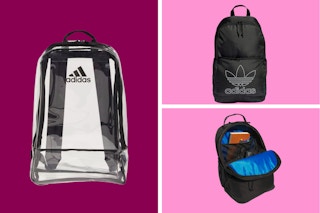A collage featuring a clear adidas backpack and two black ones