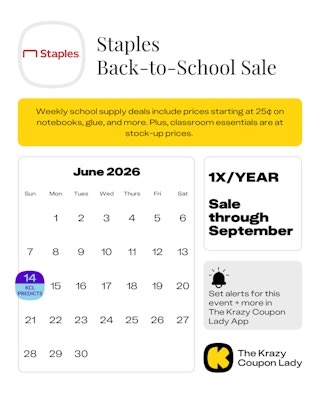 Calendar graphic of Staples Back to School Sale that is predicted to start on June 14 2026