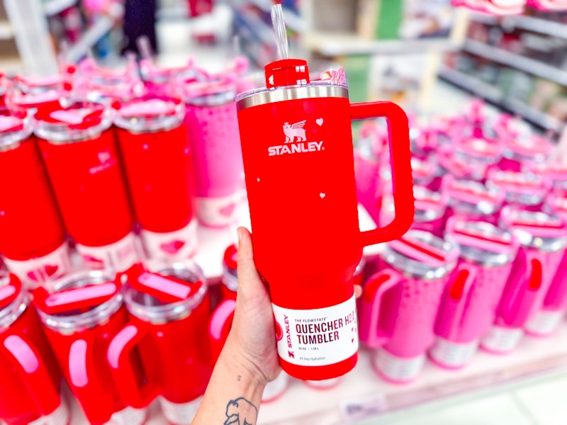 hand holding stanley valentines tumbler at target