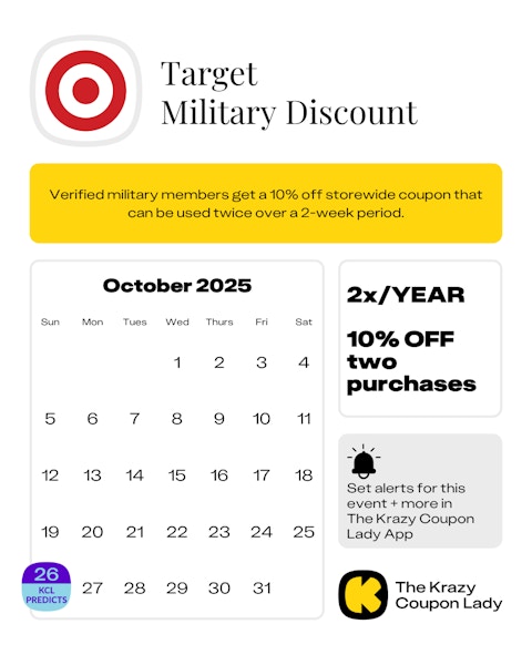 Calendar graphic of Target military discount predicted for october 26 2025