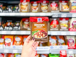 In store photo taken at Walmart of a McCormick Gravy Packet