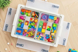 storage bin holding toys on the floor