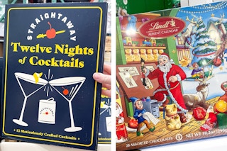 Two Costco Advent calendars showing a Twelve Nights of Cocktails kit and a Lindt chocolate kit.