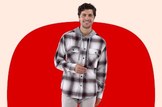 Male model wearing a plaid hooded flannel shirt (No Boundaries) 
