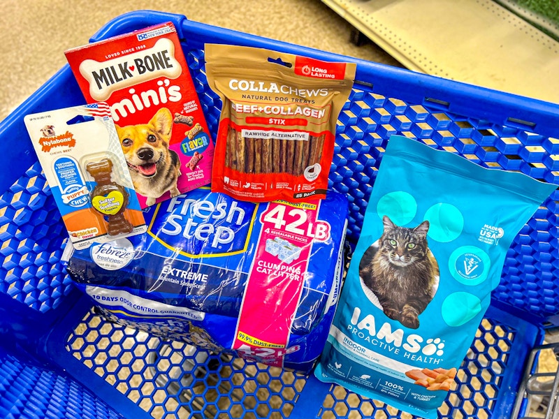nylabone dog toy, milk bone treats, dog chews, fresh step cat litter, and iams cat food in a cart