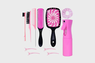 a hair care set on a grey background