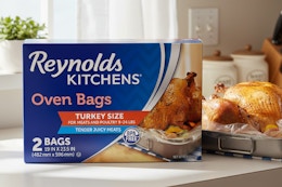 Reynolds oven bags on counter next to turkey