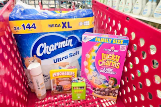 charmin toilet paper, lucky charms cereal, mondo llama crayons, lunchables, and honest baby wash in a cart