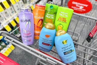 loreal elvive, garnier fructis, and ogx hair care in a cart