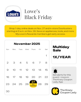 Calendar graphic of the lowe's black friday confirmed date of november 27 2025