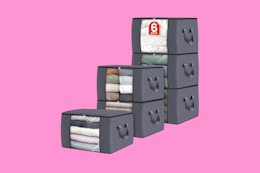 fabric storage bins on a pink background