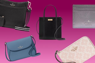 Kate Spade purses, a wallet, and a wristlet on a maroon and pink ombre background. 