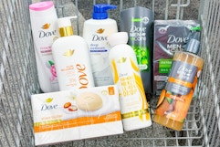 shopping cart full of dove body wash products