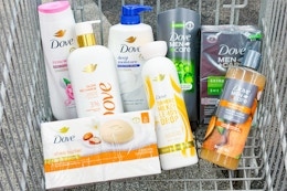 shopping cart full of dove body wash products