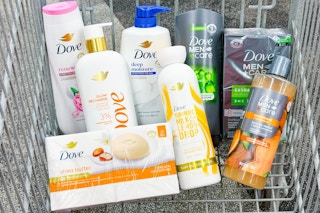 shopping cart full of dove body wash products