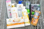 shopping cart full of dove body wash products