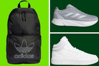 collage of adidas shoes and a backpack