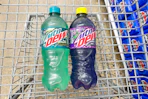 mtn dew soda bottles in shopping cart