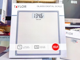 taylor digital glass scale sitting on. a target shelf