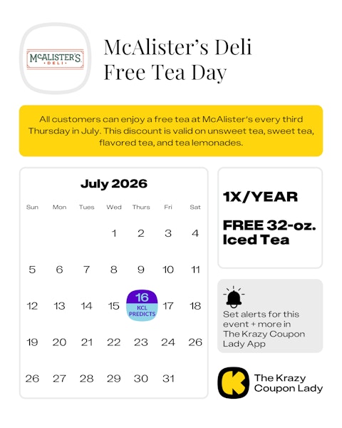 july 2026 calendar for mcalisters free tea day prediction