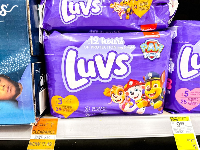 luvs diapers with a $7.49 clearance sign