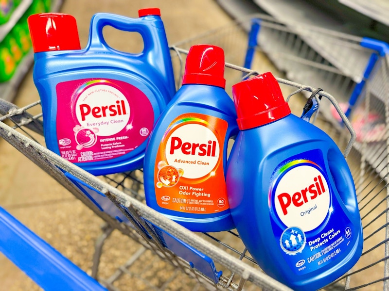three bottles of persil liquid detergent in walmart cart