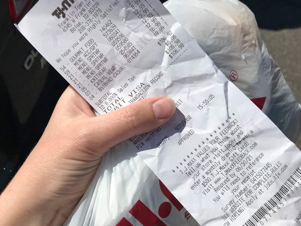 Tjmaxx receipt and shopping bag