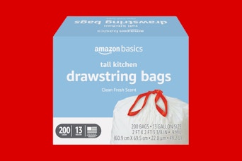 amazon basics trash bags on a red background