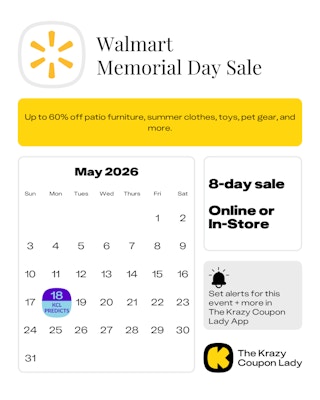 Calendar graphic of the Walmart Memorial Day Sale predicted to start May 18 2026