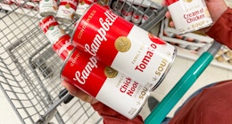 Campbell's soup being held over shopping cart