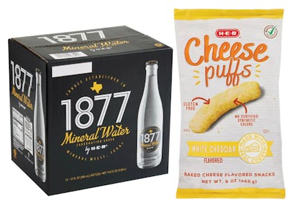 1 1877 Water + 1 H-E-B Cheese Puffs