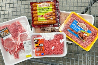 johnsonville sausage, chicken, ground beef, and pork chops together in shopping cart