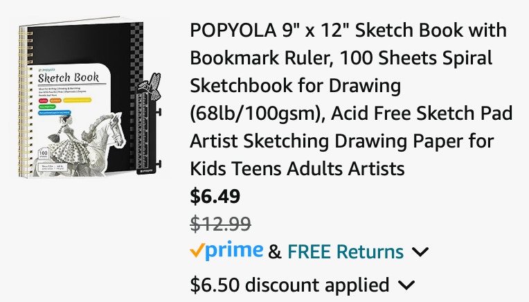 POPYOLA 9" x 12" Sketch Book with Bookmark Ruler, 100 Sheets